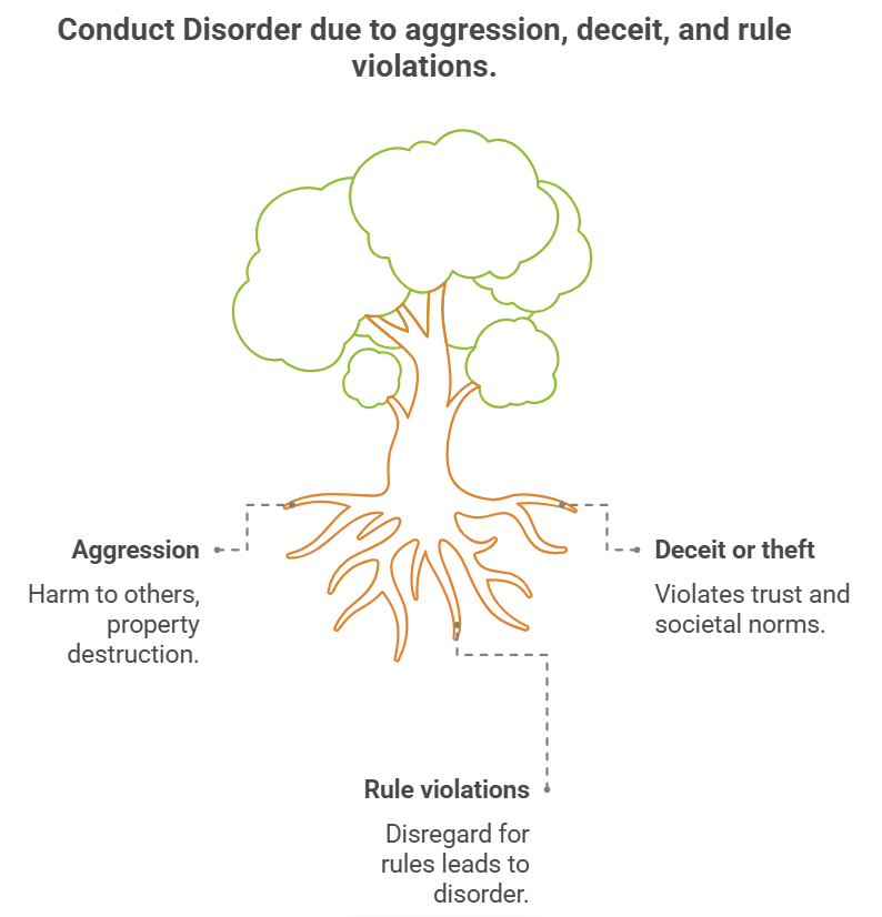Conduct Disorder due to aggression, deceit, and rule violations.